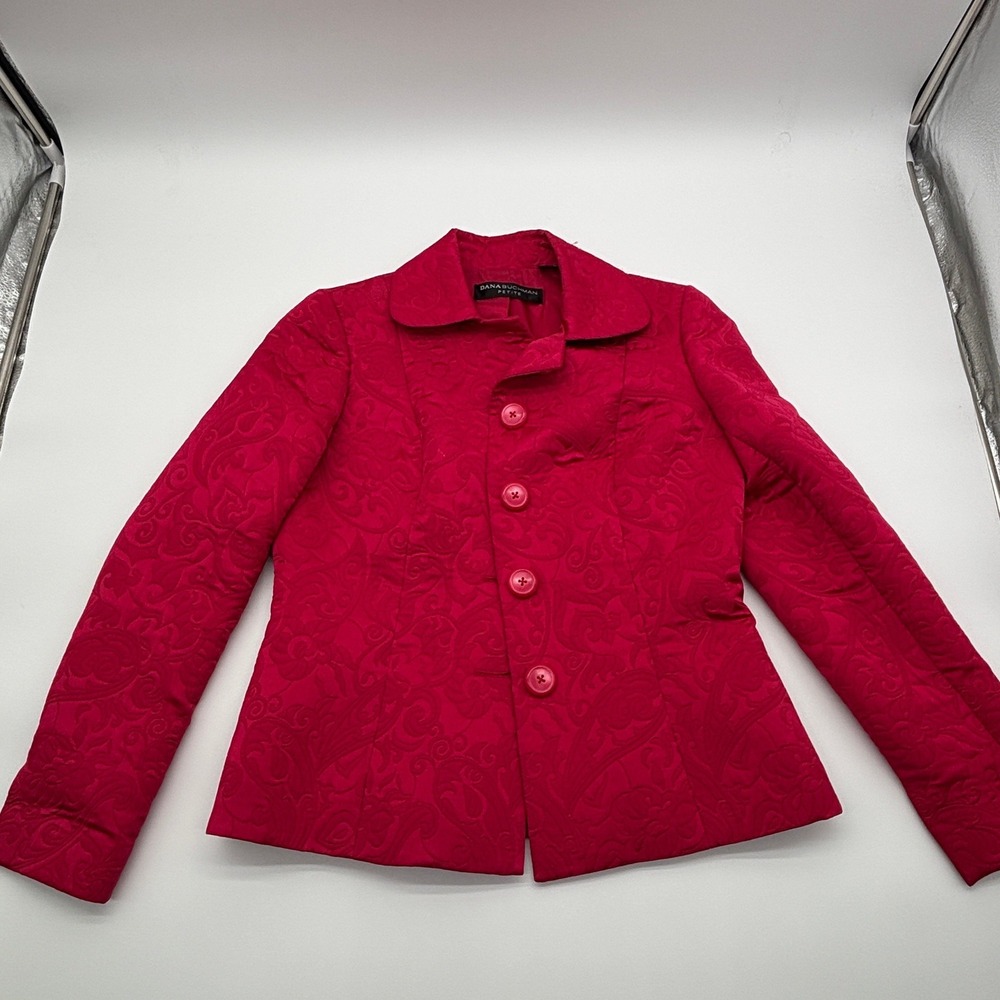 Dana‎ Buchman Petite Red Jacquard Blazer Jacket Button Front Textured Women - Picture 3 of 9